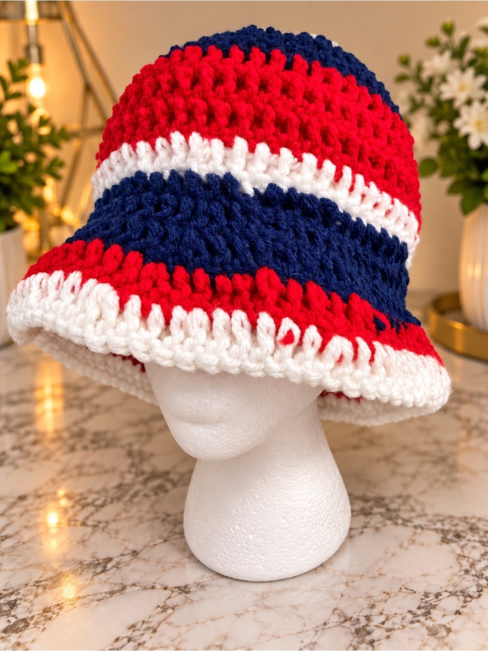 Crochet Bucket Hat - Red, Navy & White